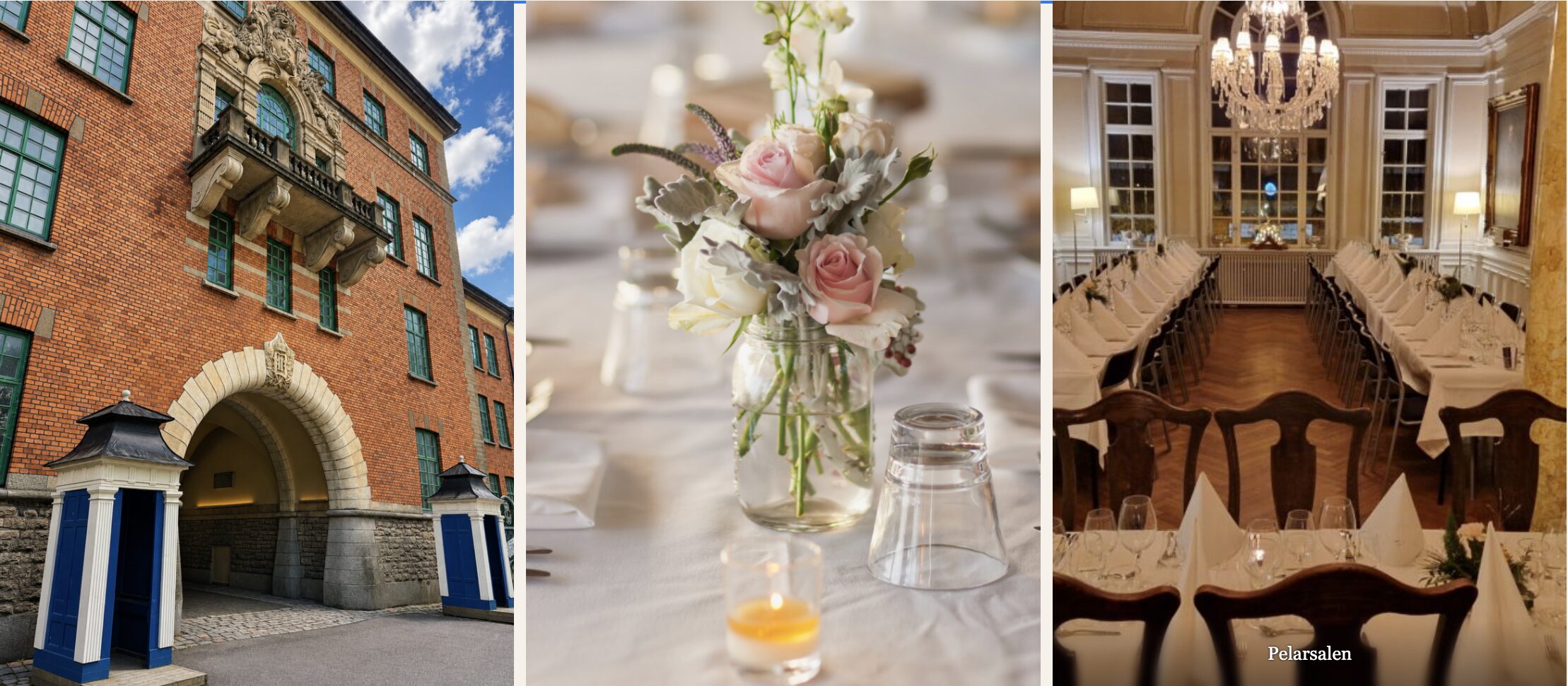 Bildcollage med entrén, bordsdukning och matsalen